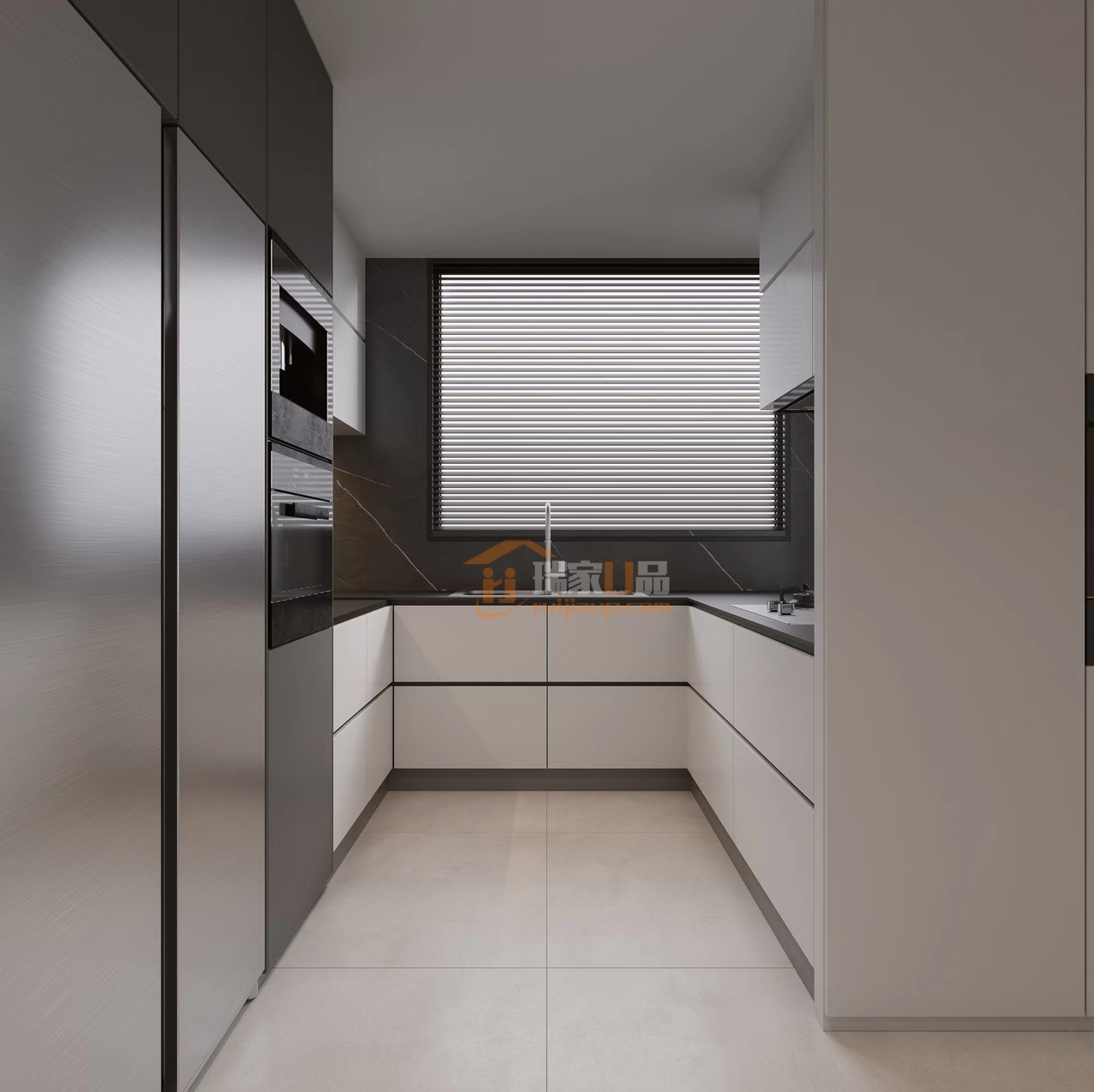 厨房的线条清晰有力，百扇窗利用不同时段的自然光，赋予厨房丰富的光影表达。设计师运用沿墙排列的橱柜，与高柜之间的间隙设置层板，让整个空间得到了充分的利用。